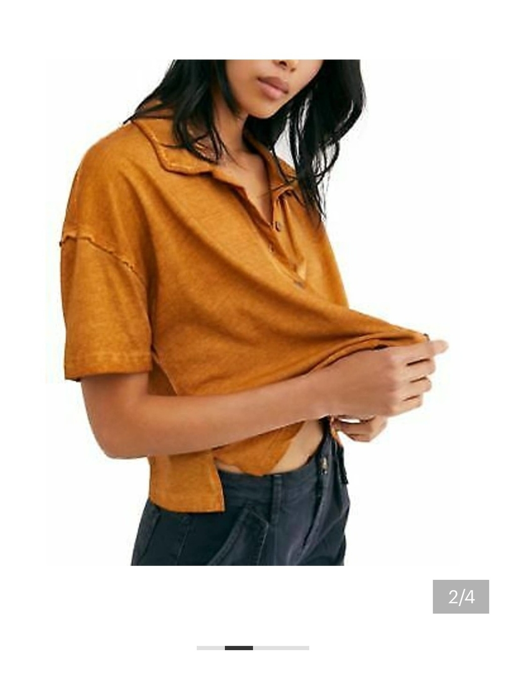 Free People Cropped Polo Top in Mustard Yellow